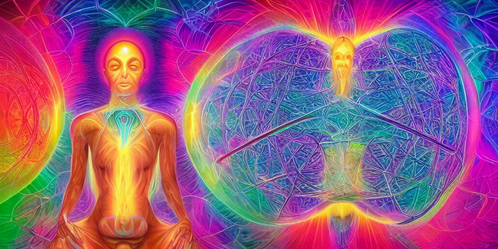 Image similar to trasnformation into transcendence into collaborative intelligence, endless collaboration with ai, connectedness, body, by alex grey, album cover, award winning, beautiful, colorful, volumetric lighting, trending on artstation, cinematic