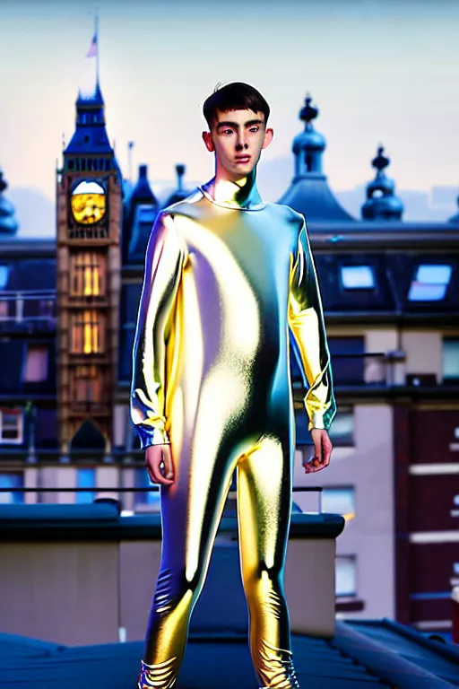 Image similar to un ultra high definition studio quality photographic art portrait of a young man standing on the rooftop of a british apartment building wearing very soft baggy inflatable padded silver iridescent pearlescent clothing. three point light. extremely detailed. golden ratio, ray tracing, volumetric light, shallow depth of field. set dressed.