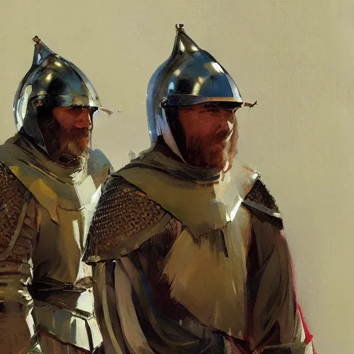 Prompt: portrait of men wearing gambeson and medieval helmets, clashing swords, detailed by greg manchess, craig mullins, bernie fuchs, walter everett