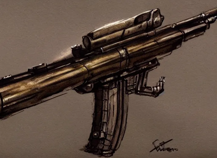 Image similar to concept art of a rifle futuristic weapon, fantasy, steampunk, pinterest, artstation trending, behance, watercolor, by coby whitmore, silver, laser light,