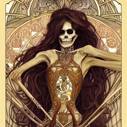 Image similar to skeleton with sickle, highly detailed, very intricate, art nouveau, gold filigree, tarot concept art watercolor illustration by mandy jurgens and alphonse mucha and alena aenami, featured on artstation