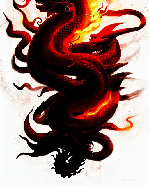 Prompt: black red ink smoke draconic serpent portrait, explosion of flames, tony sart, noir, artstation, ismail inceoglu