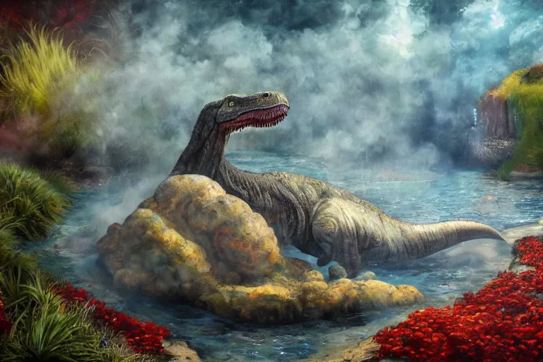 Image similar to highly detailed oil painting of a tyrannosaurus!! ( ( mushroom ) ) in a steaming colorful hotspring, featured on artstation
