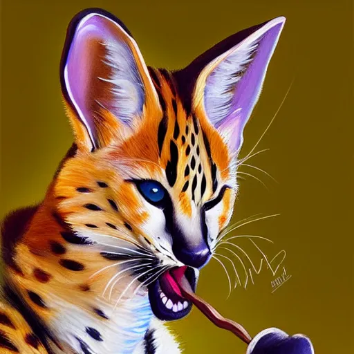 Prompt: a serval eating a delicious timbit, digital art, trending on artstation, vibrant painting