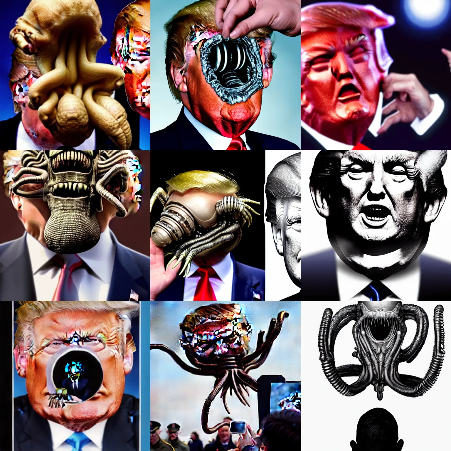 Prompt: A facehugger from the Alien movie attached to Donald Trump\'s face, photography, photorealistic