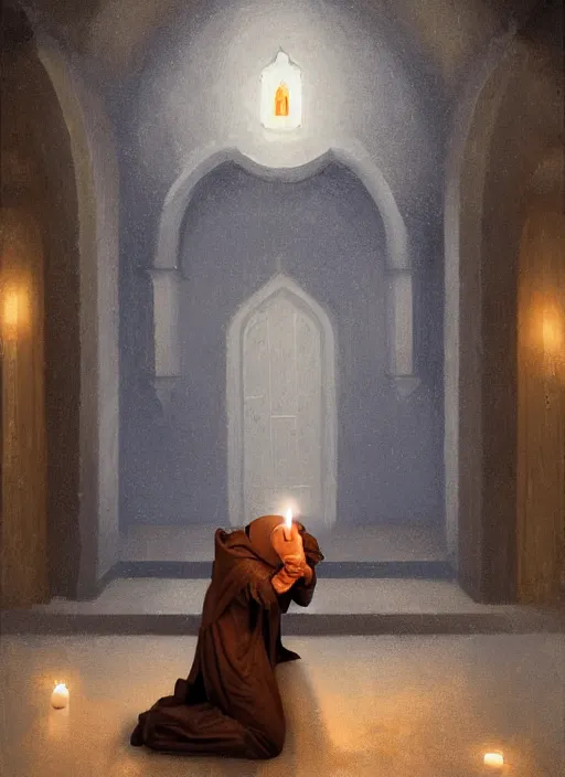 Image similar to oil painting portrait of a weeping sobbing tonsured dominican monk in a brown habit, kneeling in a blue cold moonlit empty small chapel at night, hazy, digital art, artstation, cinematic, moonlight, digital art painting by greg rutkowski, hazy atmosphere, candles, cinematic blue lighting