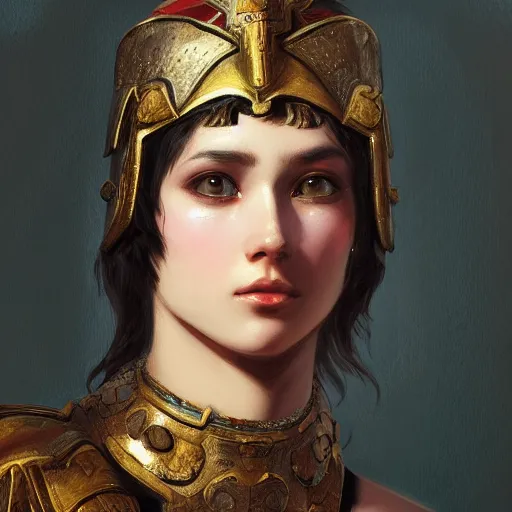 Image similar to close - up portrait of an ancient roman character in ornate armor, by ilya kuvshinov, by thomas lawrence, by bayard wu, trending on artstation, masterpiece
