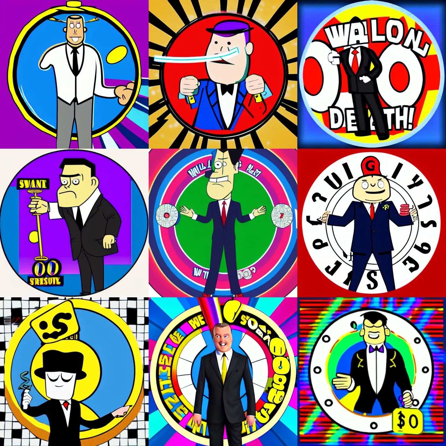 Prompt: well dressed man spinning price is right wheel, artwork, adult swim style, logo