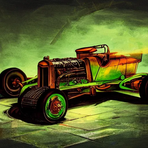 Prompt: Rusty transformer of a 1920 race car, autobots, transformer, soft green lighting, highly detailed, digital painting, artstation, concept art, smooth, sharp focus, illustration