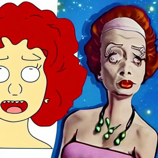 Image similar to real housewives lucille ball in the style of the tv show rick and morty