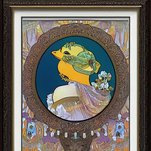 Prompt: a matte portrait of a highly decorated rubber duck with a dreamy expression, highly detailed, illustration by alphonse mucha