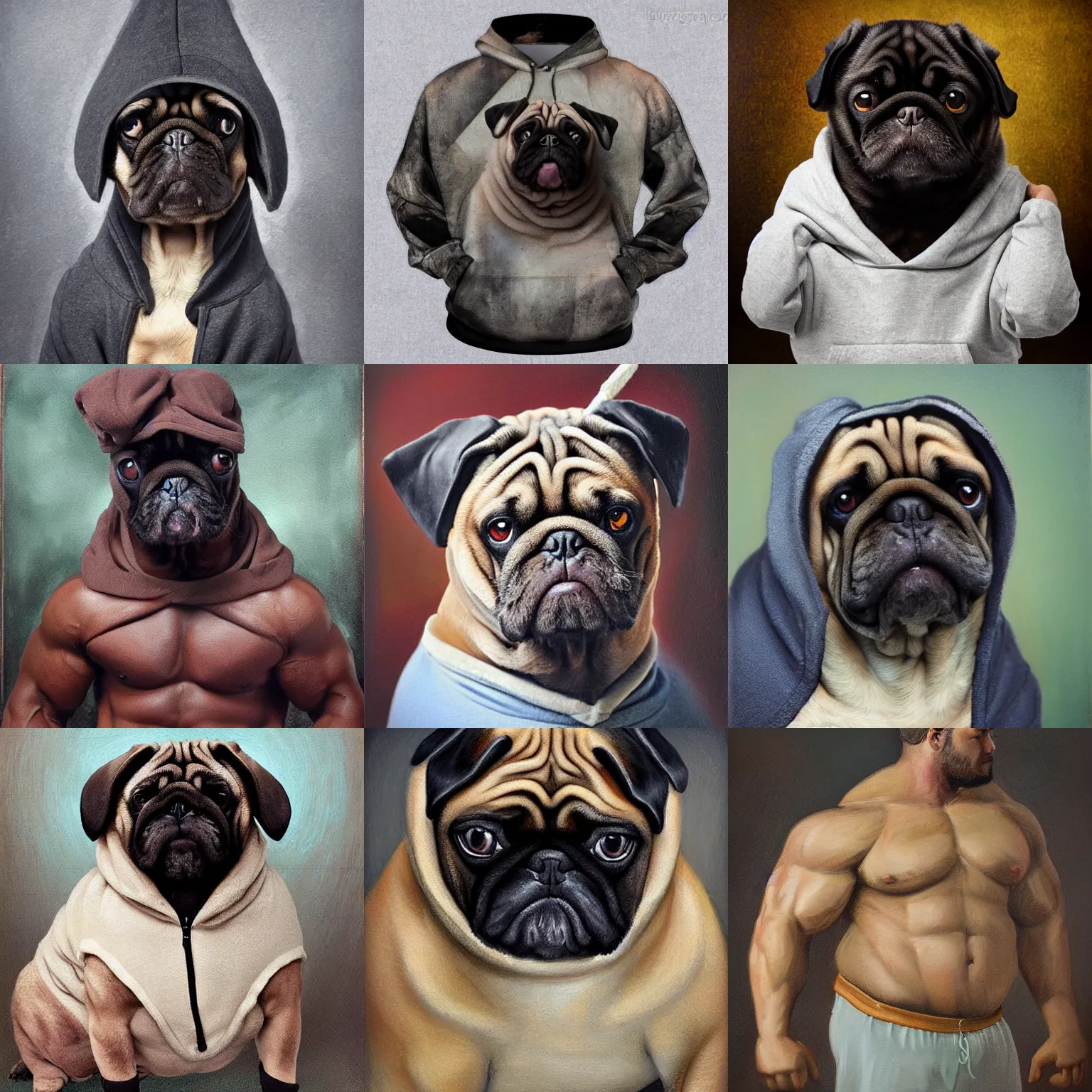Prompt: muscular oversized dog pug bodybuilder is wearing a hoodie , heavy texture victorian natural oil painting body shot