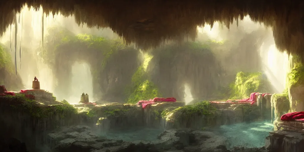 Image similar to cozy, empty bathhouse hidden in a cave, small, colorful, candlelight, towels, cushions, natural light, lush plants and flowers, elegant, smooth cave rock, fantasy, atmospheric lighting, digital painting, Greg Rutkowski, concept art