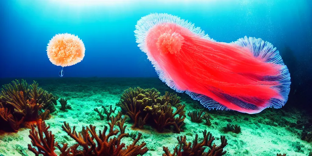 Prompt: full - length professional photo underwater coral reefe landscape wild nature with a transparent big flying jellyfish, ultra high detailed, volumetric lightning, photo by david doubilet