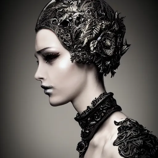 Image similar to a portrait of female model by stefan geselle and nekro borja, photorealistic, intricate details, hyper realistic, dark fantasy, ornate headpiece, dark beauty, photorealistic, canon r 3, photography, wide shot, photography, dark beauty, symmetrical features, unreal engine