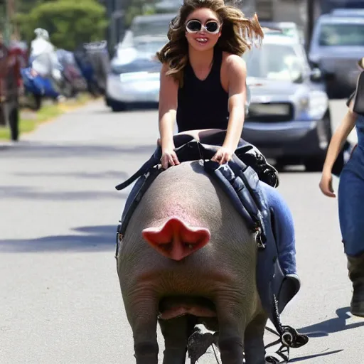 Image similar to sarah hyland riding on the back of a pig in traffic