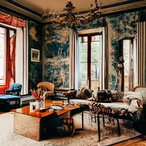 Prompt: a living room filled with furniture and lots of windows, a still life by ruth collet, featured on pexels, maximalism, maximalist, hall of mirrors, sanctuary