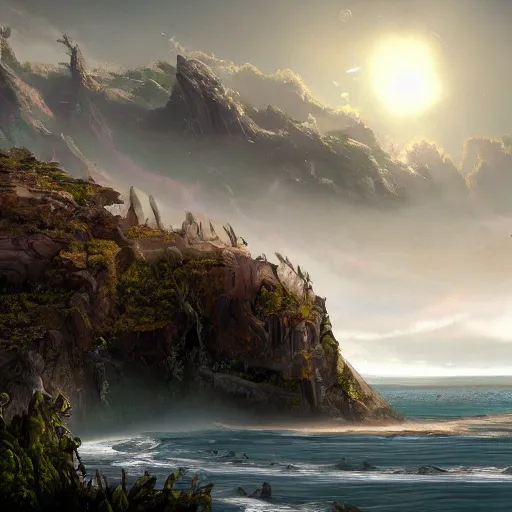 Image similar to a beautiful coast line with a monster crawling up a hill, trending on artstation, concept art, golden ratio