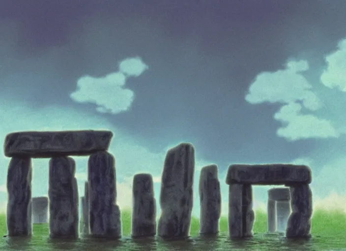 Image similar to a realistic cell - shaded studio ghibli concept art from paprika ( 2 0 0 6 ) of a rainbow - colored cube from close encounters of the third kind ( 1 9 7 7 ) and a grey long - haired witch sitting on top of a pillar in a flooded stonehenge on a misty starry night. very dull colors, wide shot, hd, 4 k, hq