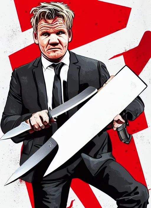 Prompt: Gordon Ramsay Holding a butchers knife in the style of GTA Artwork