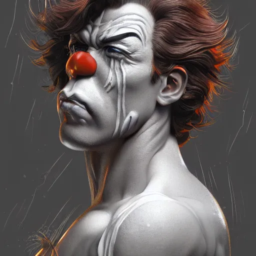 Prompt: portrait of Ronald McDonald, muscular, wild, upper body, D&D, fantasy, intricate, cinematic lighting, highly detailed, digital painting, artstation, concept art, smooth, sharp focus, illustration, art by Hajime Sorayama