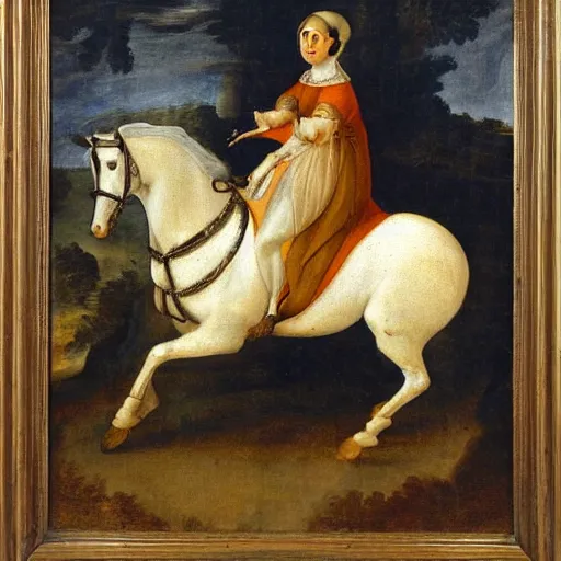 Image similar to a 1 8 th painting of a giovanna d'arco while is riding a horse, wide shot,