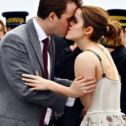 Image similar to emma watson kissing putin, award winning photography, cinematic, 50 mm, trending on Twitter