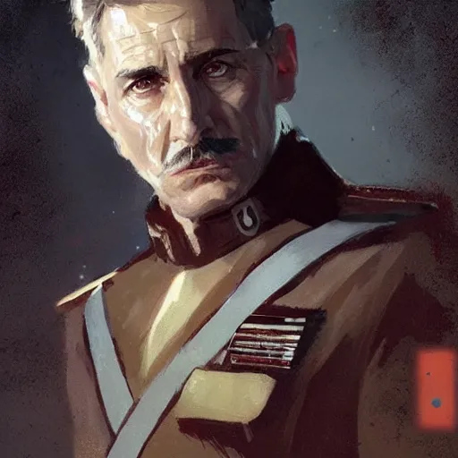 Image similar to portrait of a man by greg rutkowski, british features, short black hair in military style, moustache, tall, star wars expanded, universe, he is about 5 0 years old, wearing imperial captain uniform, artstation hq