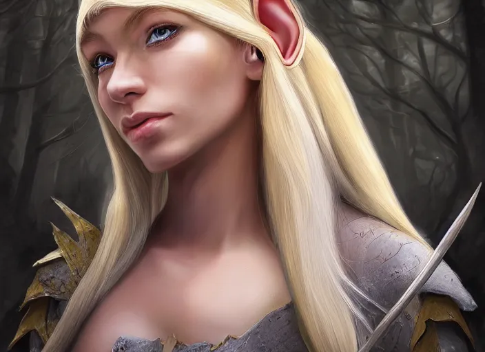 Image similar to digital painting of an elf with blonde hair, concept art, matte painting, digital painting, realism, side lighting XF IQ4, f/1.4, ISO 200, 1/160s, 8K, RAW, unedited, symmetrical balance, in-frame