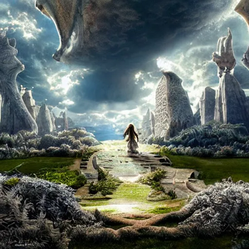 Prompt: the neverending story wide angle battle scene, highly textured, hyperrealism, award winning, gritty, tilt shift