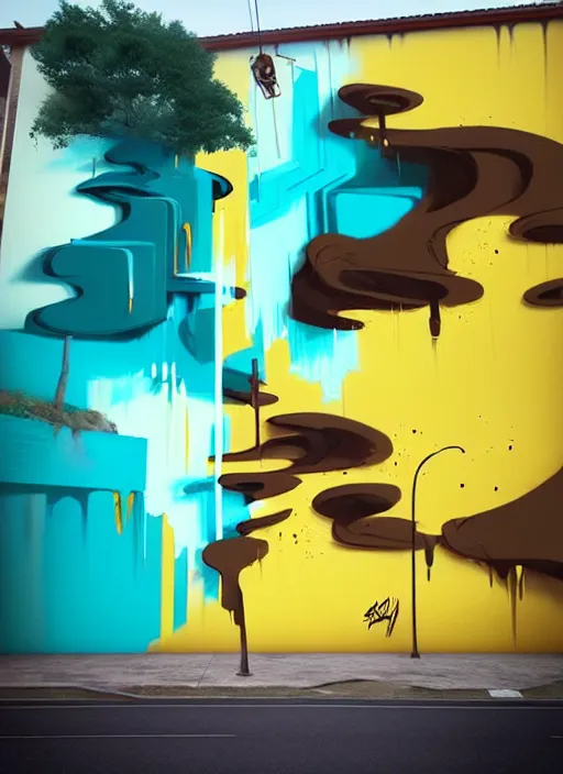 Image similar to matte painting extreme offset 3 d calligraphy graffiti mural dripping paint wall extreme maximalism by atey ghailan, by greg rutkowski, by greg tocchini, by james gilliard, by joe fenton, yellow, brown, black and cyan color scheme, octane render