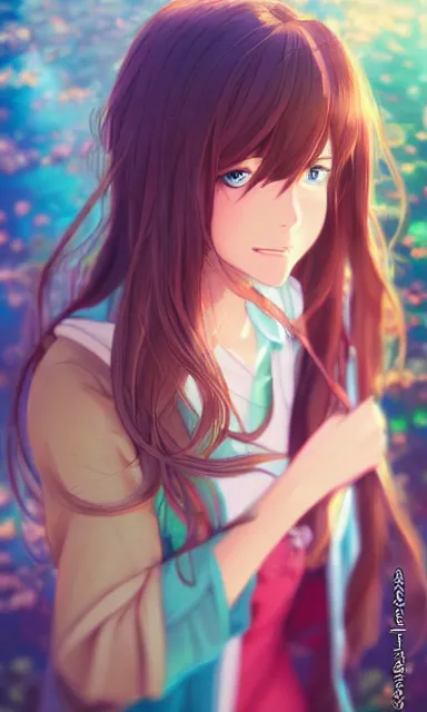 Image similar to a colorful scene of a girl with brown hair, anime, detailed background, female, portrait, trending on artstation, by studio ghibli and rossdraws