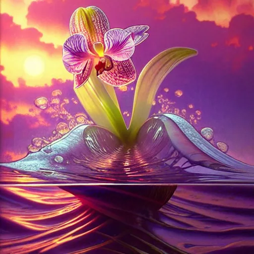 Prompt: detailed giant orchid flower surrounded by ocean wave, lsd water, lsd ripples, transparent droplets, backlit, sunset, refracted lighting, art by collier, albert aublet, krenz cushart, artem demura, alphonse mucha