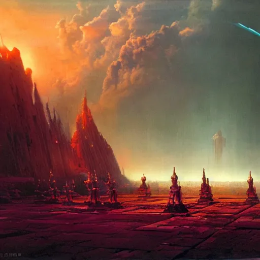 Image similar to A gigantic colossal epic dramatic scene from Ramayan , by Bruce Pennington, by Wayne Barlowe, by Greg Rutkowski, oil on canvas, masterpiece, detailed, dynamic, cinematic composition, beautiful lighting, view from ground, trending on artstation, top on pixiv, 8K, no frames,