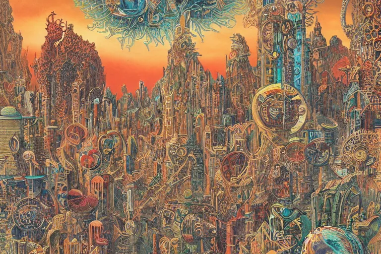 Image similar to warm colors, future cityscape by Joe Fenton and Ernst Haeckel