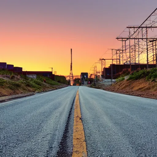 Prompt: a road next to warehouses, and a hill background with a radio tower on top, sunset, hot day