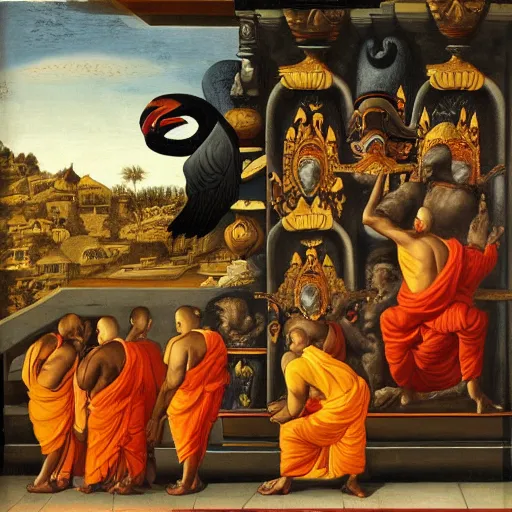 Image similar to hindu monks worshipping giant crow on greek senete baroque painting, lionardo davinchi