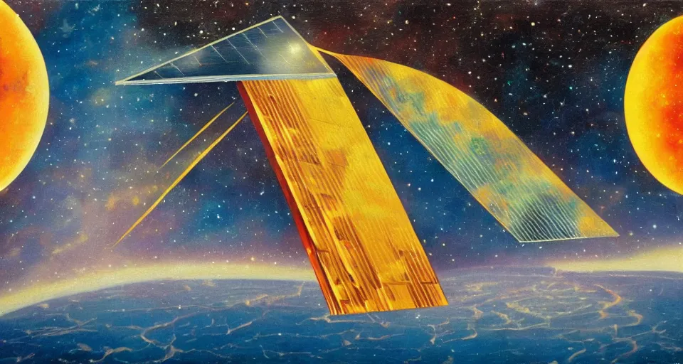 Image similar to giant solar sail, floating in space blocking the sun, art deco painting