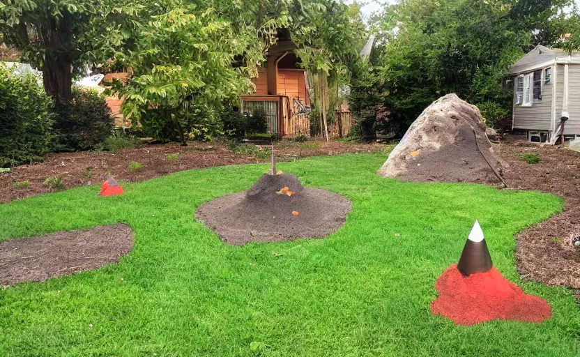 Prompt: suburban yard with miniature volcano erupting in the yard, ground level