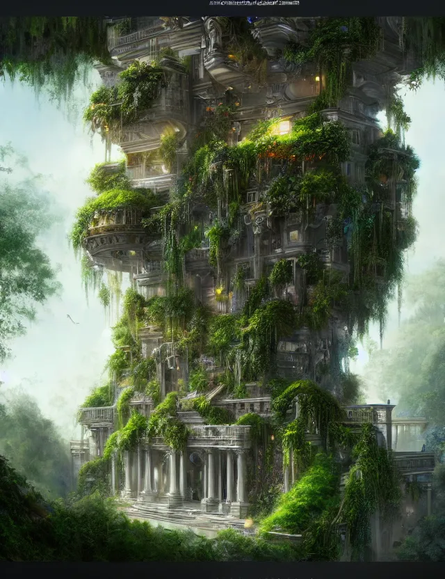 Image similar to a beautiful illustration of a fluid form future mansion with hanging gardens, trending on artstation, digital art, 4 k resolution, detailed, high quality, sharp focus, hq artwork, coherent, insane detail, character portrait