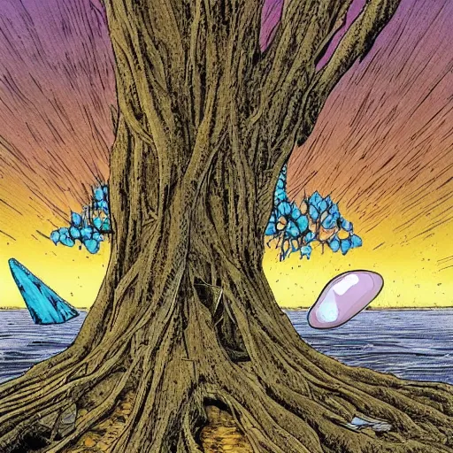 Image similar to a crystal floating in space with a large tree rooted in it, by moebius