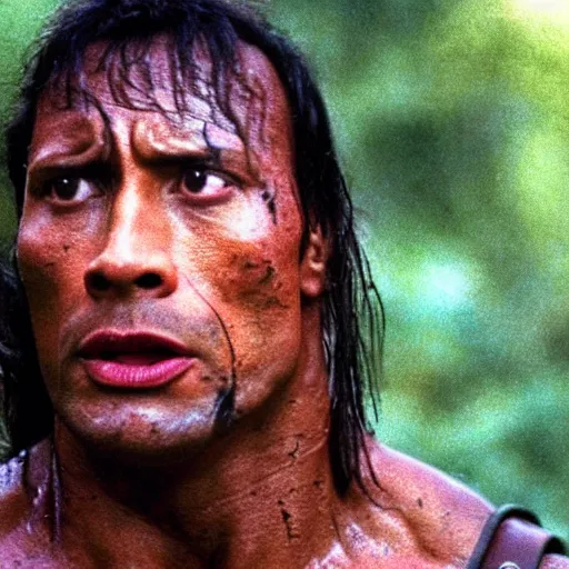 Image similar to film still of a mud - covered dwayne johnson as dutch looking in panic in predator 1 9 8 7, hd, 8 k