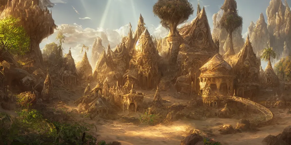 Image similar to fantasy town ornate, arabic elements, sand, on a flying rock, jangjiajie, shining sun, witch hut, circus, river, guilds, magic, sunlight rays, with trees and plants around Darek Zabrocki, Karlkka, trending on Artstation, 8K