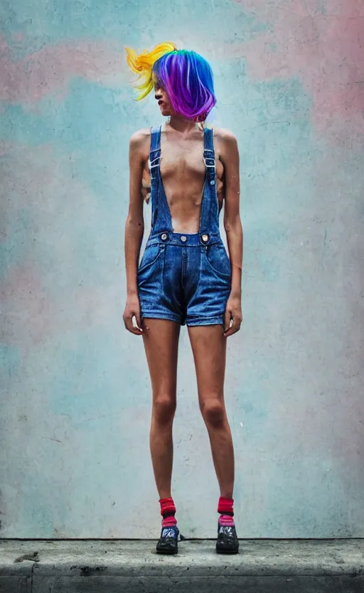 Image similar to grungy woman, rainbow hair, soft eyes and narrow chin, dainty figure, wet t-shirt, torn overalls, skimpy shorts, Sony a7R IV, symmetric balance, polarizing filter, Photolab, Lightroom, 4K, Dolby Vision, Photography Award