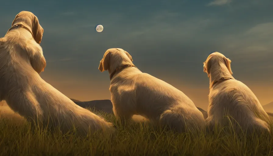 Image similar to back view of dogs watching the moon sitting on the hill, hyperdetailed, artstation, cgsociety, 8 k