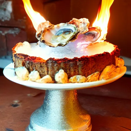 Prompt: oyster birthday cake on fire