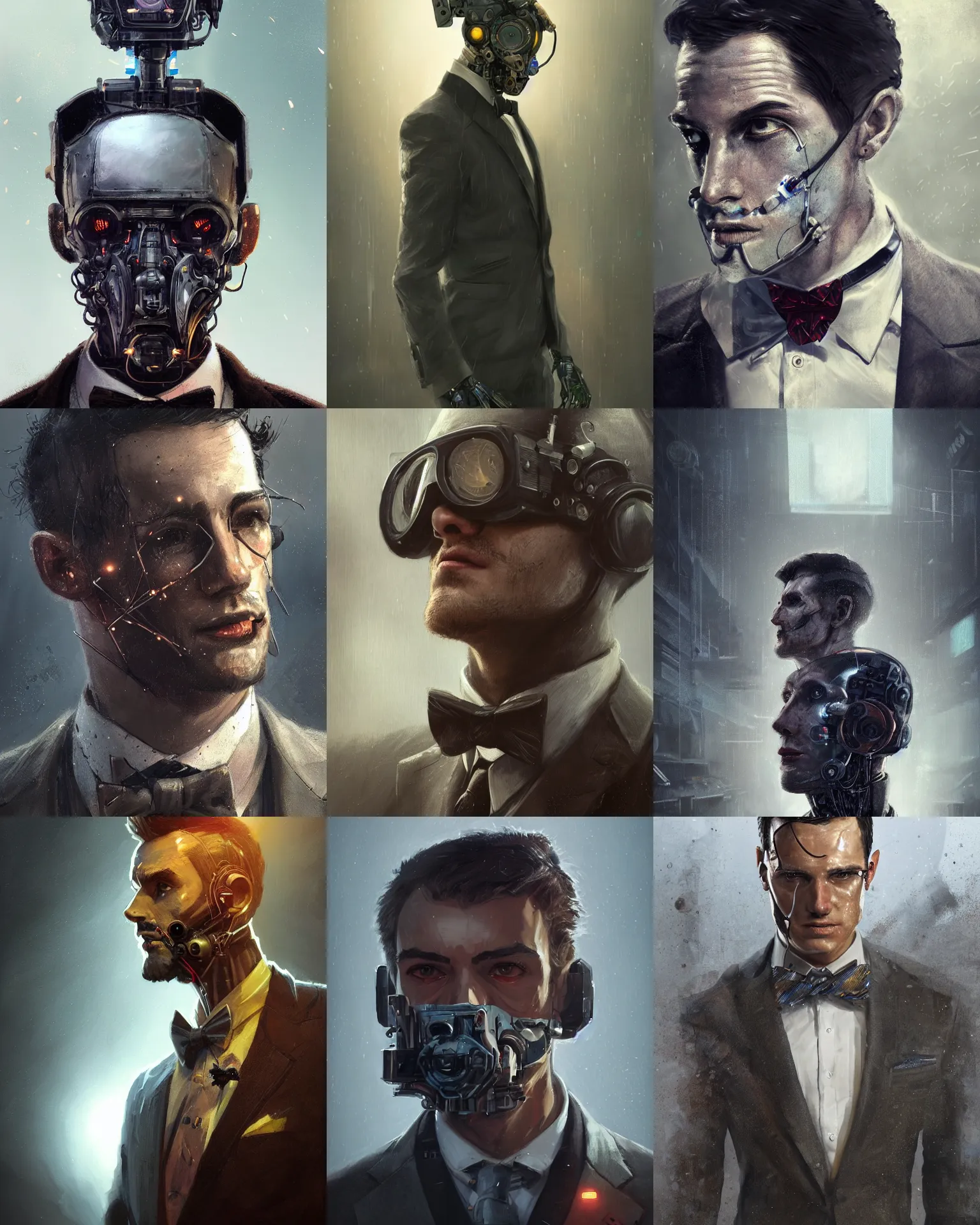 Prompt: a rugged young engineer man with cybernetic enhancements wearing a suit and bowtie, detailed face, scifi character portrait by greg rutkowski, esuthio, craig mullins, 1 / 4 headshot, cinematic lighting, dystopian scifi gear, gloomy, profile picture, mechanical, half robot, implants, steampunk