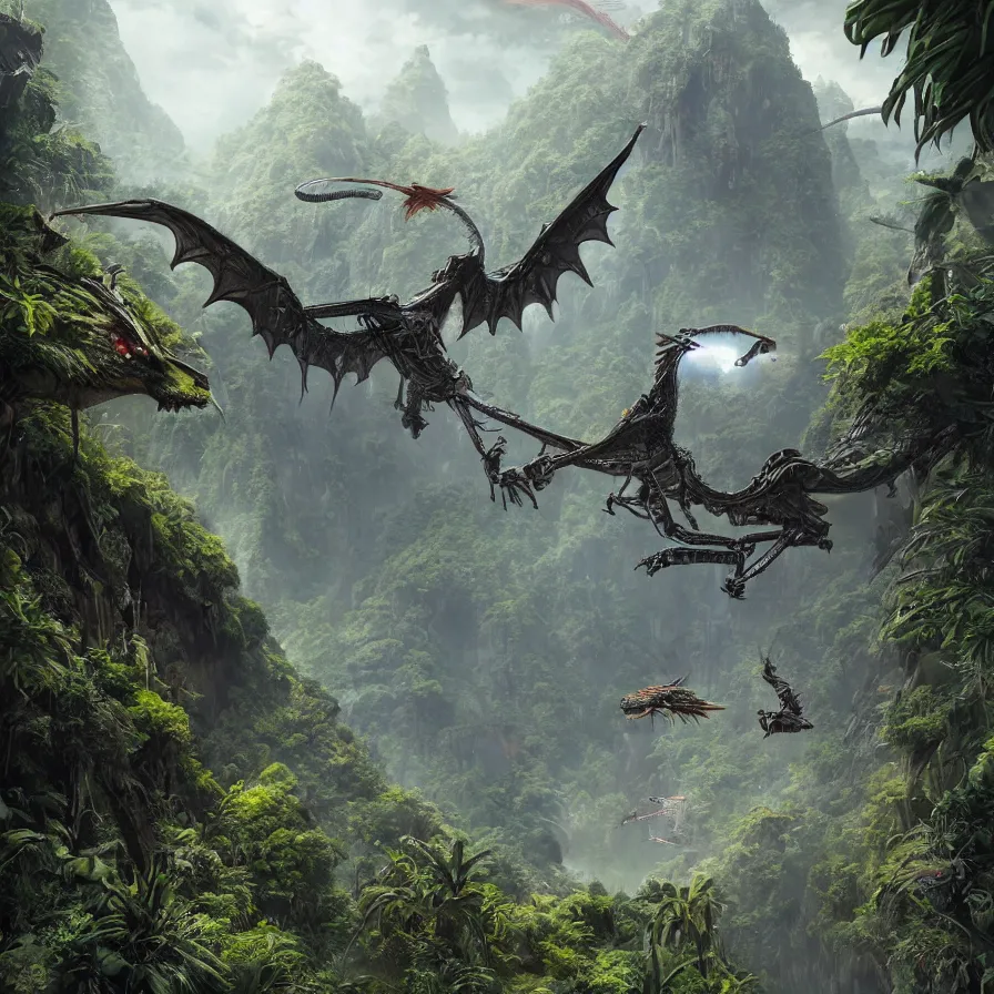 Image similar to hyperrealistic matte painting of futuristic robot quetzalcoatl, dragon, feathered dragon, flying above the jungle by eddie mendoza, jim burns, ed binkley, beeple, 4 k, trending on cgsociety