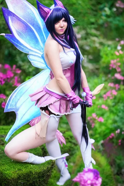 Prompt: a highly detailed and realistic photo of the ahri fairy cosplay on a garden, artstation, 4 k, correctly anatomy, good light