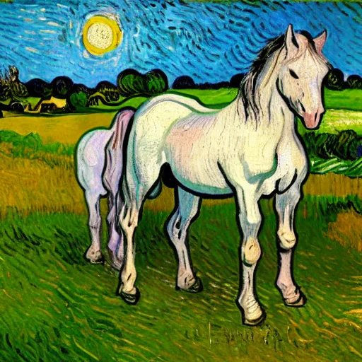 Image similar to horses standing in a field in the moonlight, award winning painting by Vincent van gogh, highly detailed, masterpiece